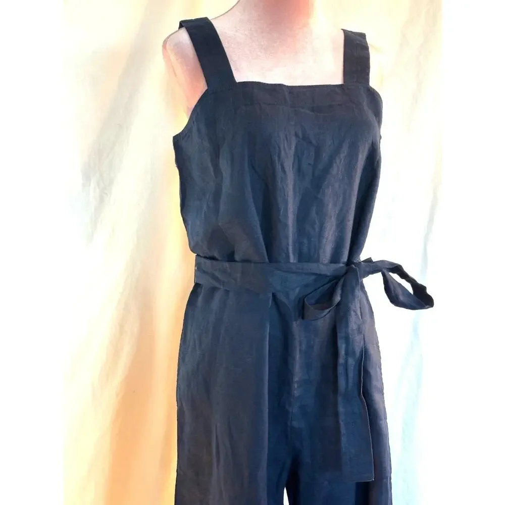 NWT QUINCE Jumpsuit Romper Sleeveless Adj. Straps Pockets Self-Tie Belt Blue S